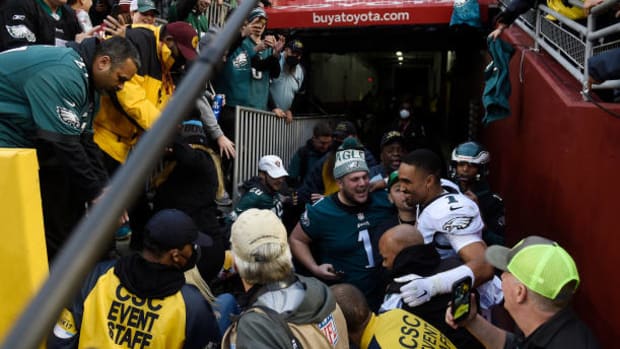 Left to Right: Fans at FedEx Field, Jalen Hurts